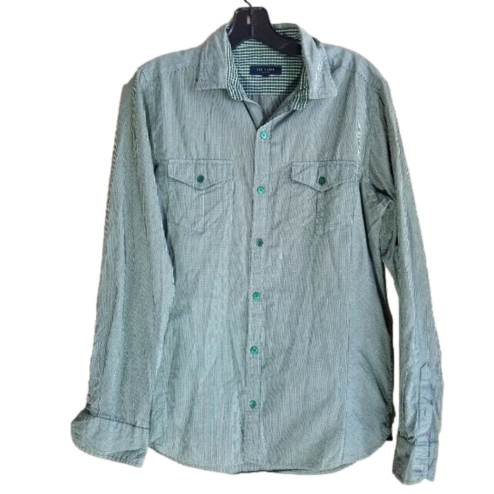 Ted Baker Gingham Plaid Green Button Down Dress Shirt Size 3 or Medium *Sm flaw